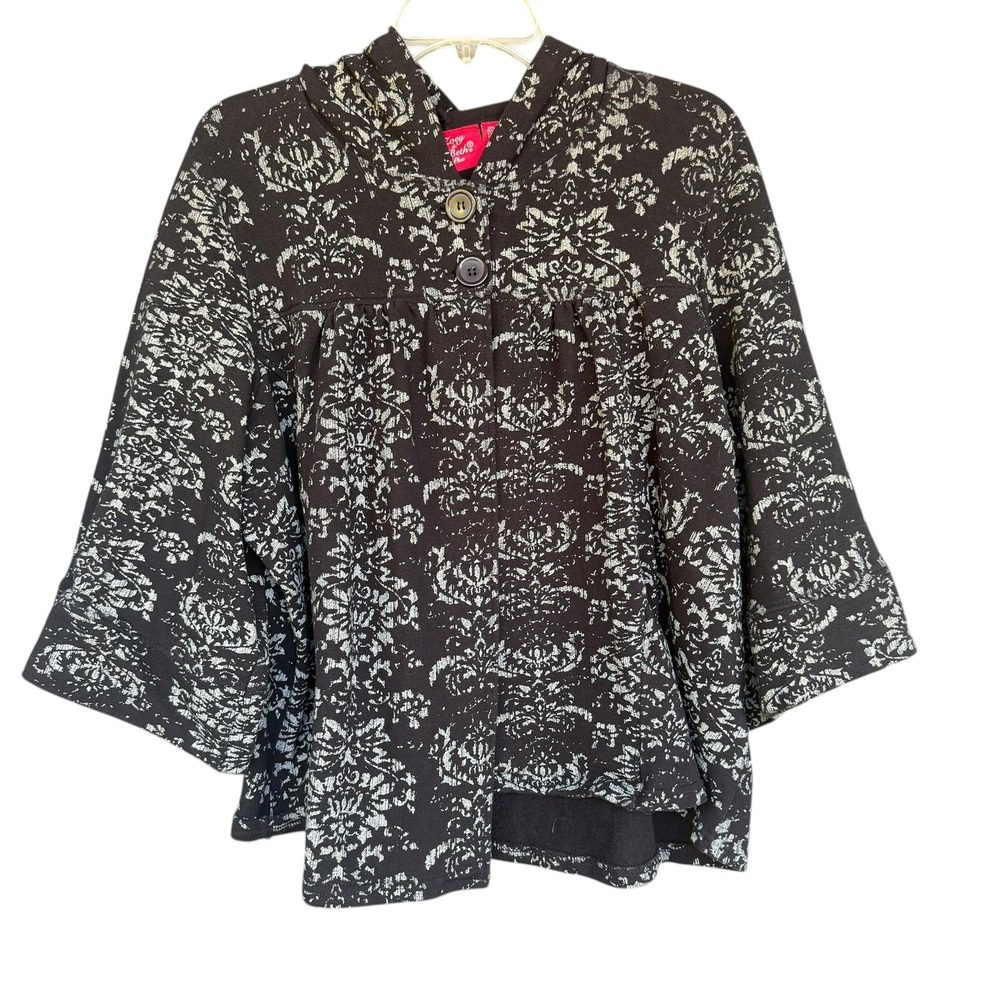 Zoey & Beth Jacket Womens 1X Black Floral Hooded Fleece Button Front Damask